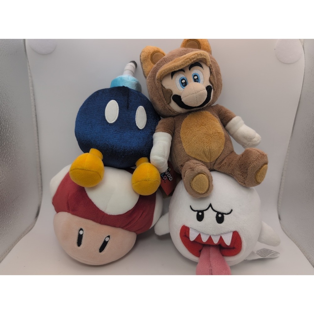 Super Mario Plush Lot Of 4 Mushroom, Ghost, Bomb, Raccoon Suit Mario Video Game